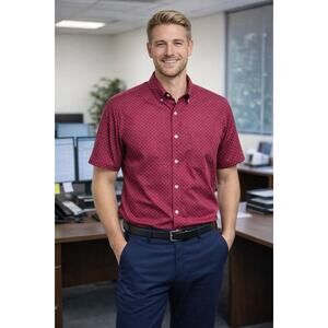 Across The Pond Shirt Mens Large Burgundy Print Short Sleeve Button Down Cotton